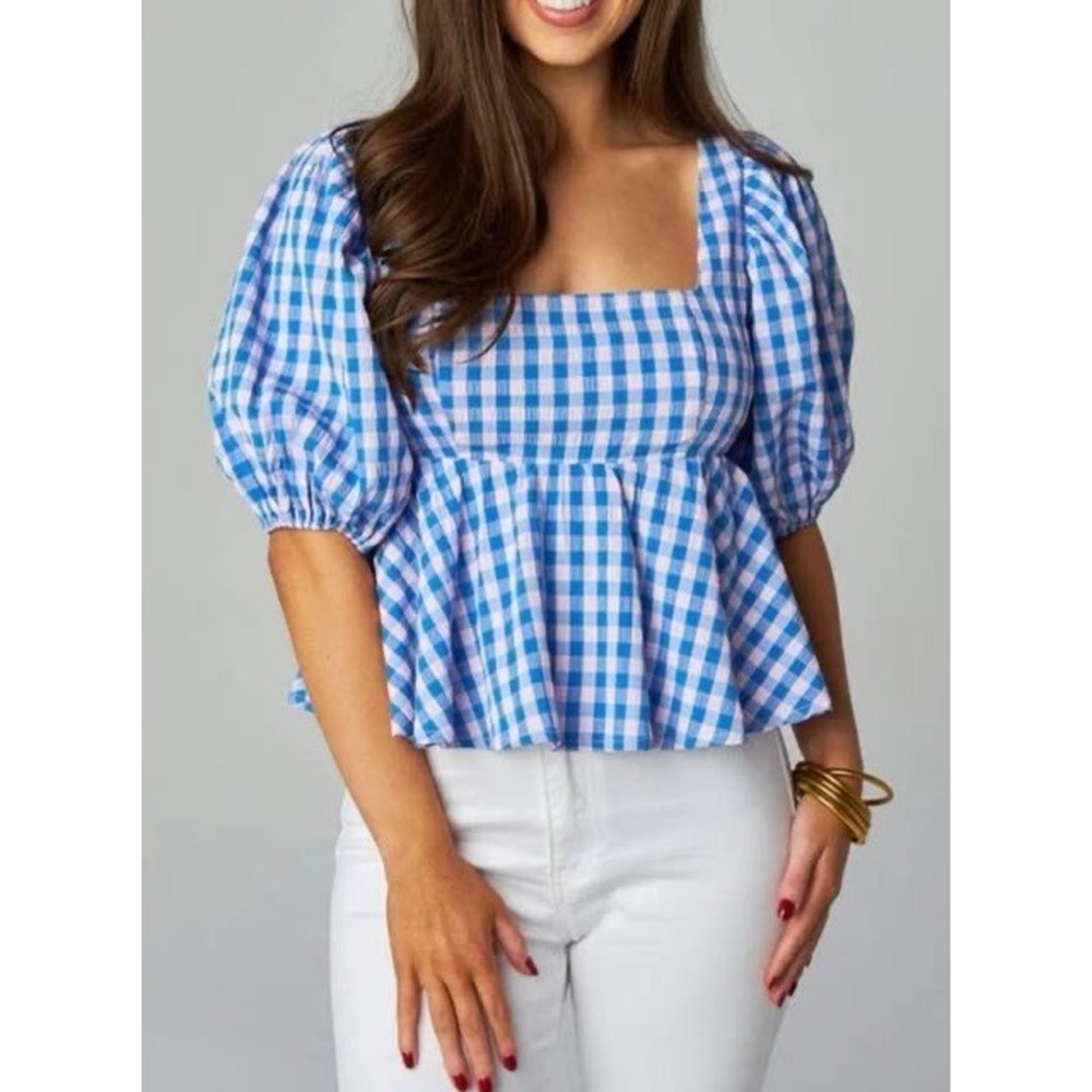 Buddy Love Alana Gingham Puff Sleeve Top Blue Pink Square Neck Smocked Large